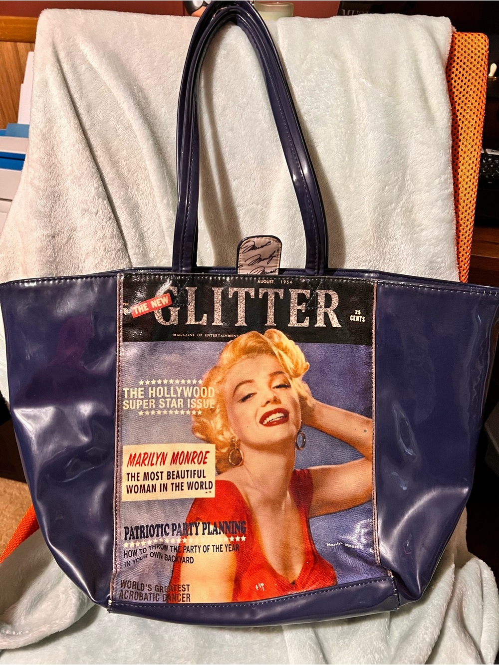 Marilyn Monroe Navy Patent Tote Bag with Vintage Print